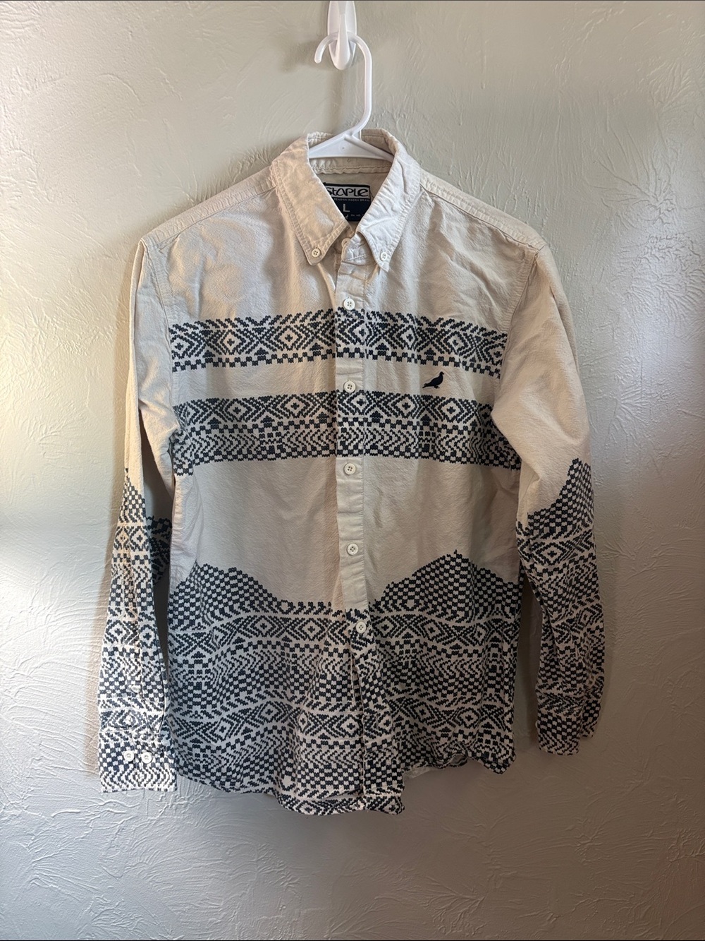 Staple Skylight Woven Long Sleeve button down W/ geometric black pattern Cotton
